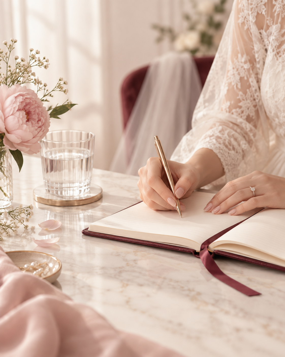 ウェディングドレスのそばで結婚式準備の計画を書く花嫁