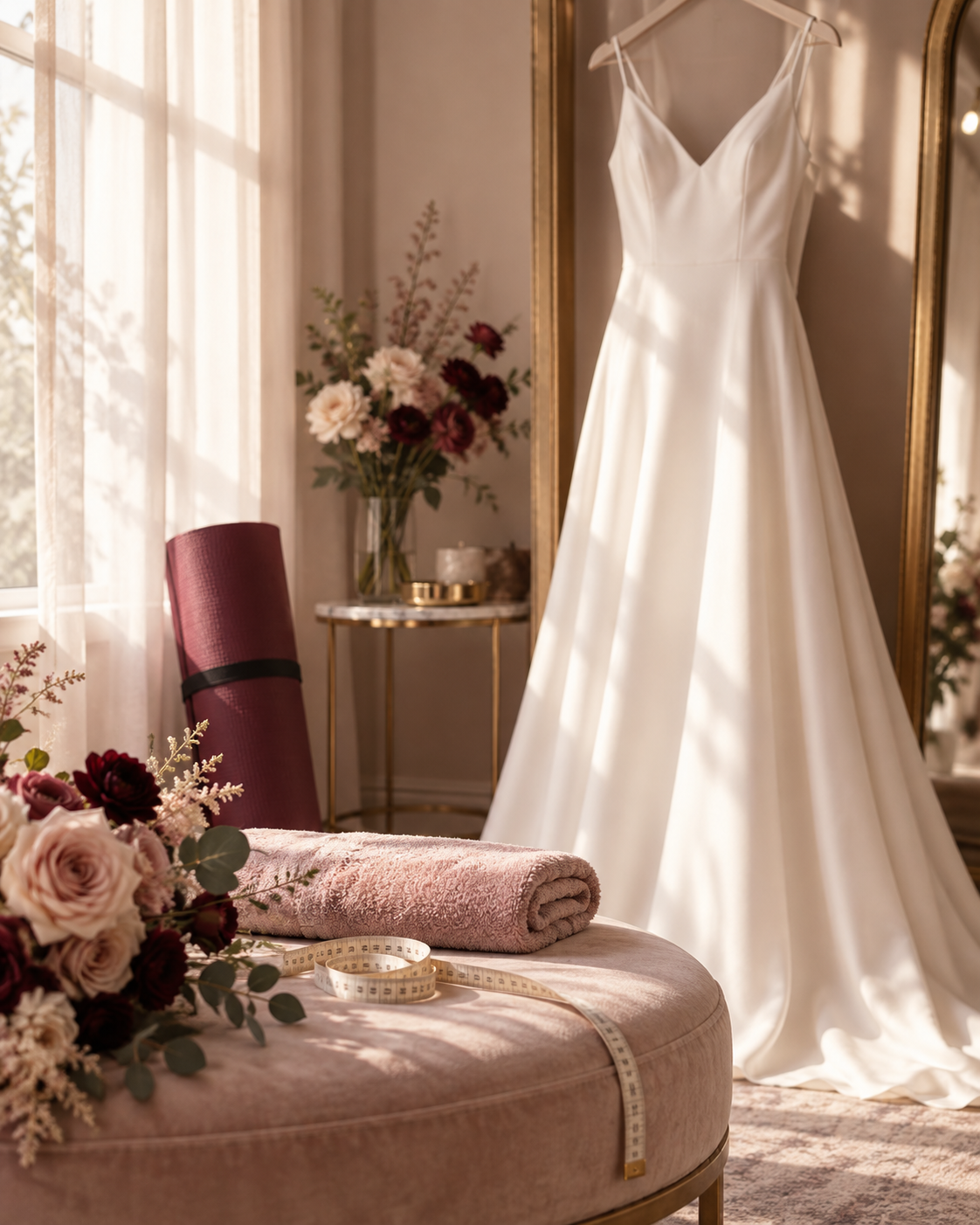 ウェディングドレスとヨガマットで結婚式に向けた運動と姿勢づくりを表すイメージ